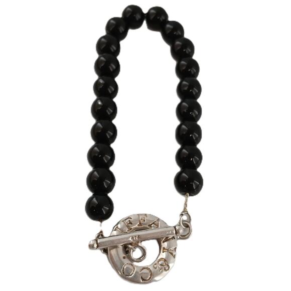 Tiffany & Co 925 Black Onyx Beaded Sterling Silver Toggle Bracelet 7.5" Vintage - Picture 1 of 7
